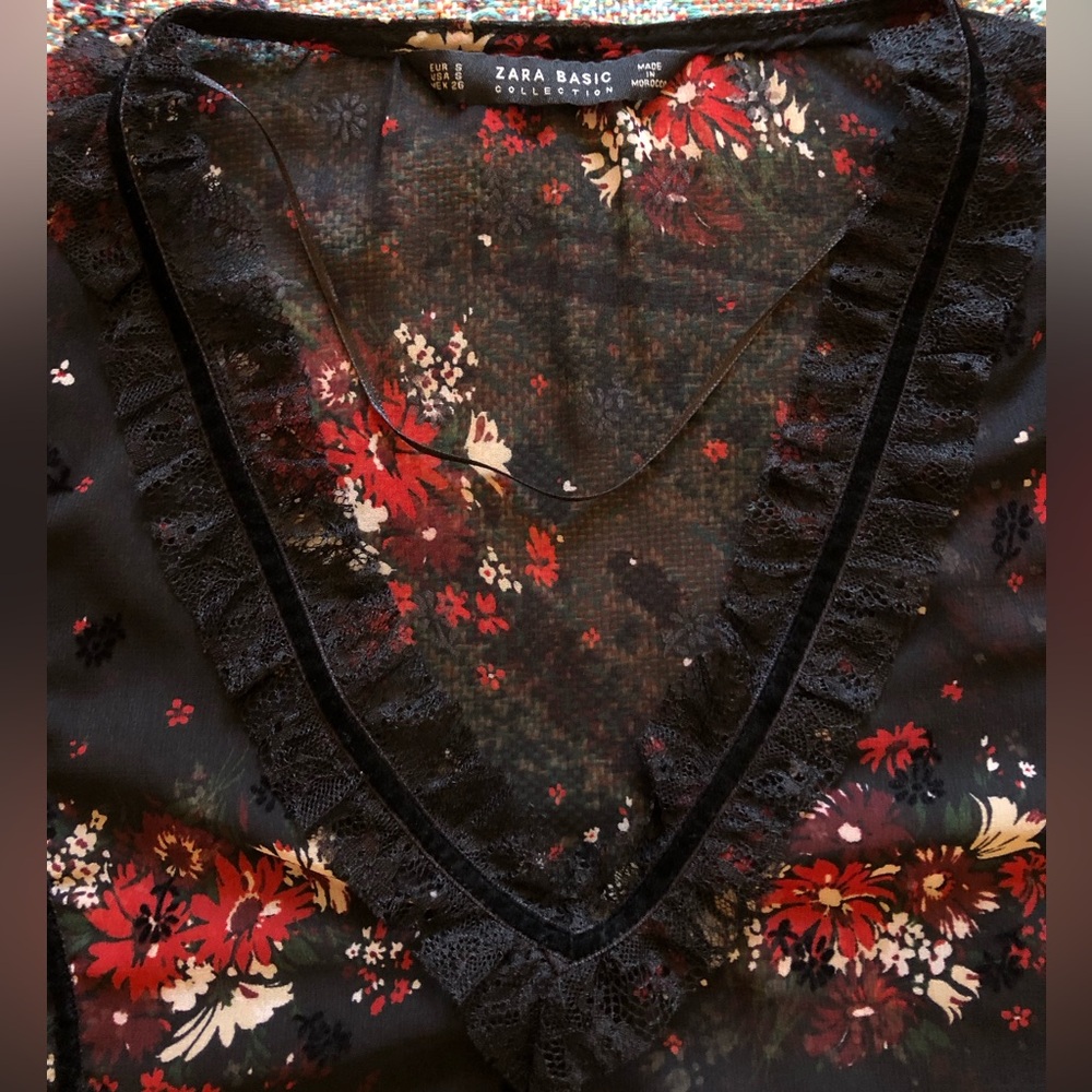 Zara Basic Sheer Dark Floral Velvet Accent V Neck Blouse w/ Ruffle Sleeve - Picture 5 of 14